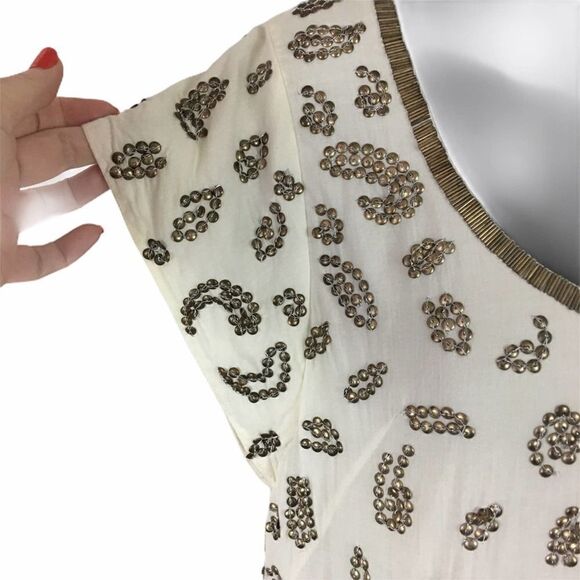 French Connection White & Brass Bead Cotton Dress Size 4 - Picture 8 of 9